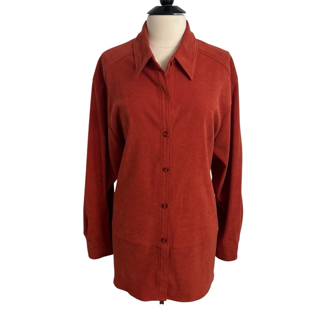 Joanna Plus Womens Vtg Long Sleeve Faux Suede Tunic Button-Down Shirt Rust Sz 3X